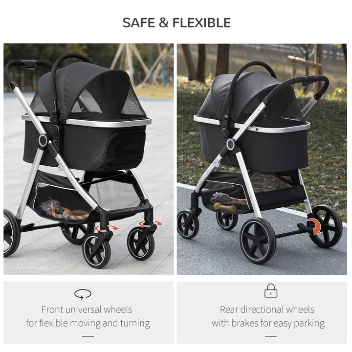 PawHut Foldable Dog Pushchair, 3 in 1, Detachable Travel Stroller with EVA Wheels, Adjustable Canopy, Safety Leash, Cushion, Black
