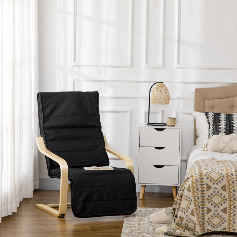 Wooden Armchair, Upholstered Linen Lounge Chair with Adjustable Footrest & Removable Cushion, Poang Chair for Living Room, Black