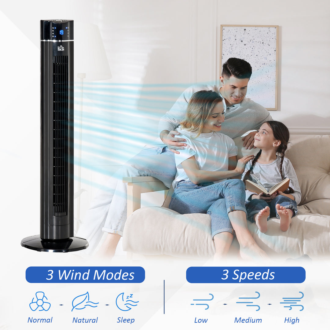 42" Anion Tower Fan Cooling for Bedroom with 3 Speed, 3 Modes, 8h Timer, Oscillating, LED Panel, Remote Controller, Black