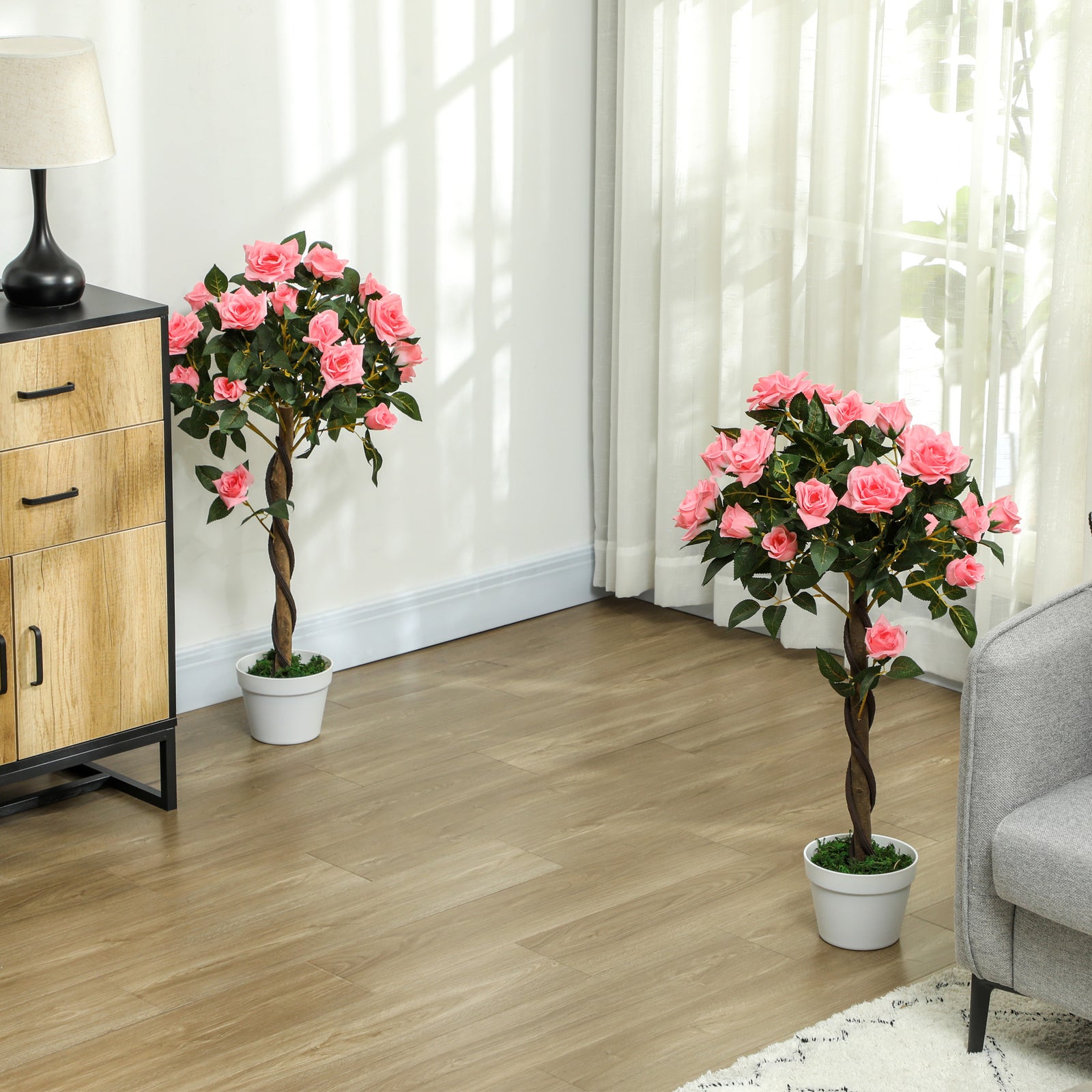 Set of 2 Artificial Plants Pink Rose Floral in Pot, Fake Plants for Home Indoor Decor, 90cm