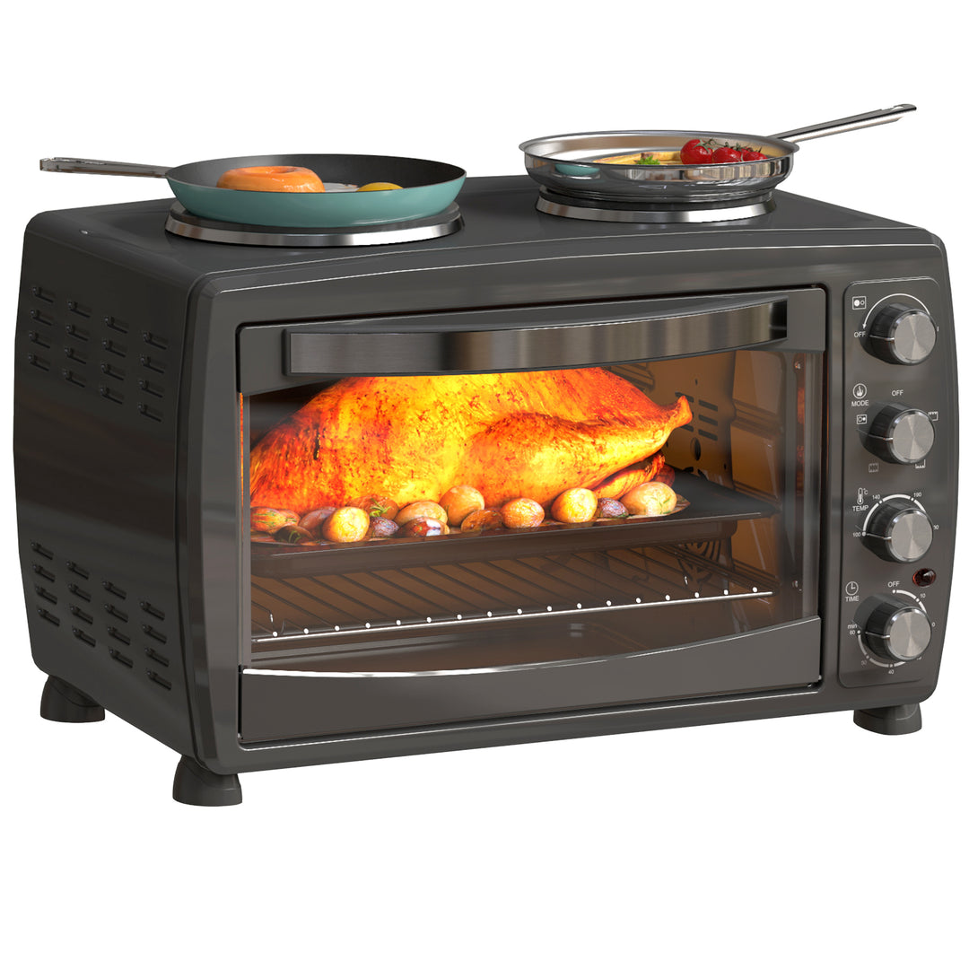 36L Small Oven with 2 Hot Plates, Countertop Toaster Oven, Grill, Roast, Bake, Boil, with Timer, Adjustable Temperature, Electric Oven with Baking Tray, Grill Rack, Crumb Tray, 2600W, Black