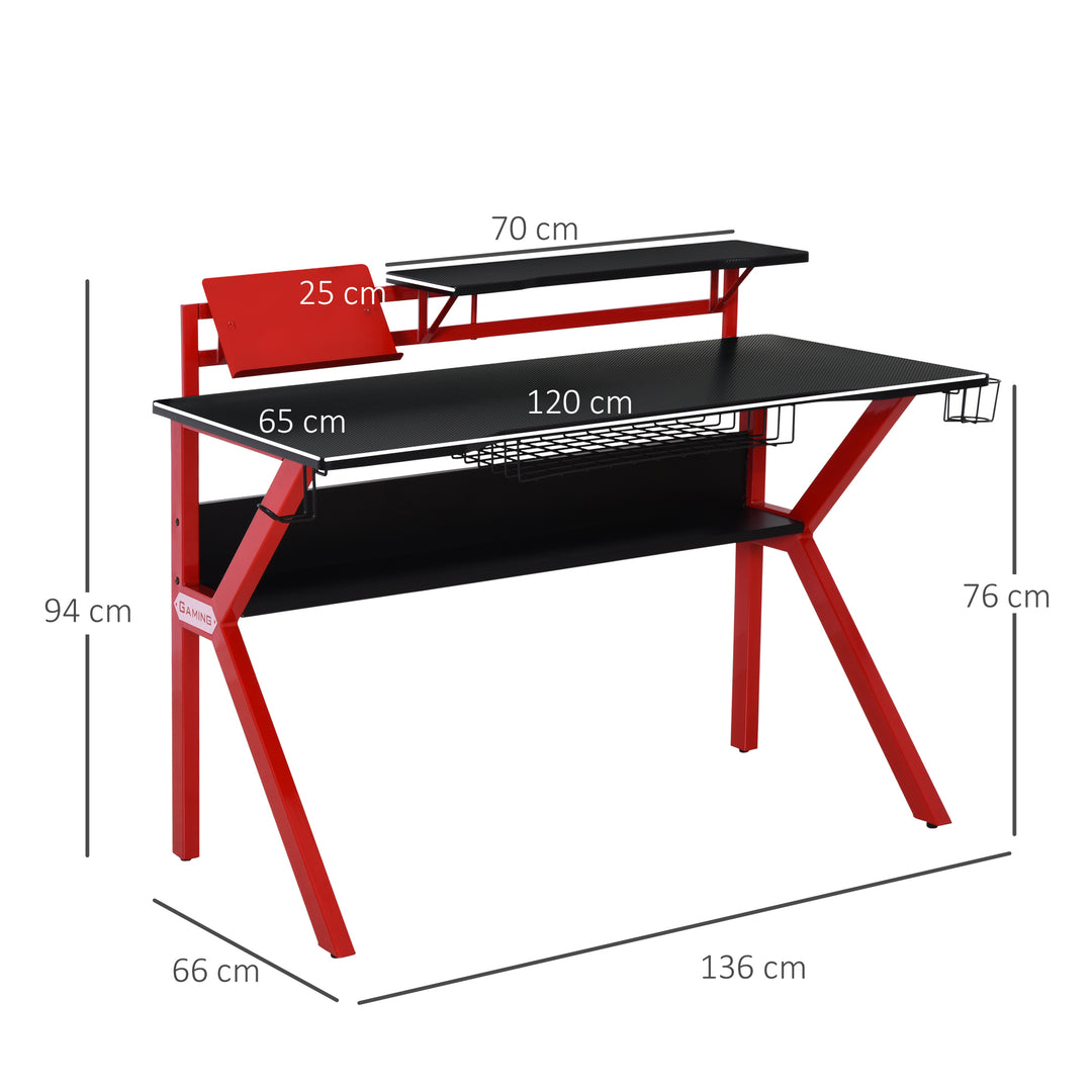 HOMCOM Gaming Desk with Metal Frame: Adjustable Feet, Cup Holder, Headphone Hook & Cable Management, Fiery Red | Aosom UK