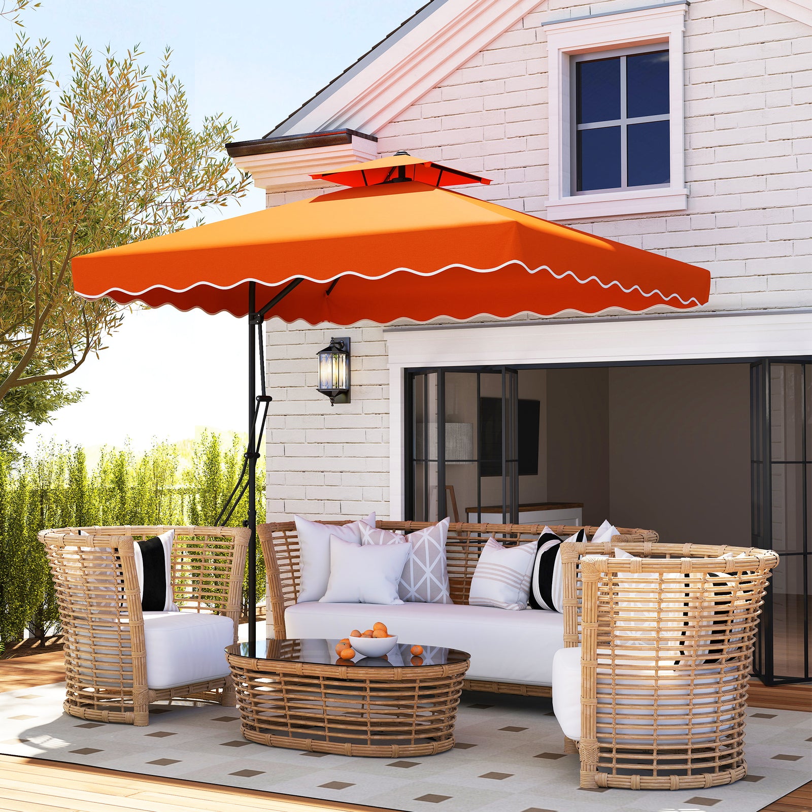 2.5m Cantilever Parasol with Easy Lever, Square Double Top Garden Parasol Umbrella with Ruffles and Cross Base, Overhanging Outdoor Sun Shades, Orange