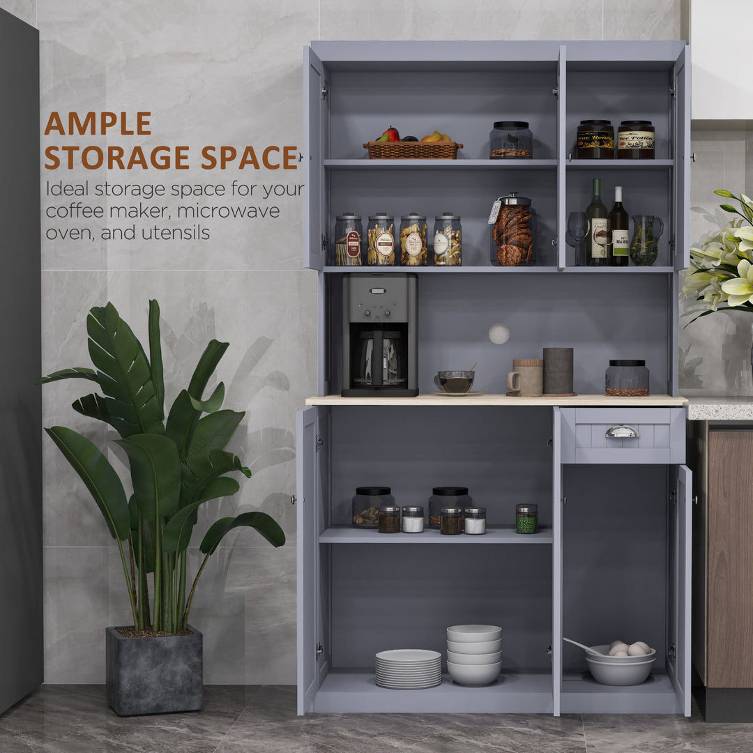 180cm Freestanding Kitchen Cabinet, Modern Storage Cupboard with Open Countertop, Drawer and 6 Doors, Grey
