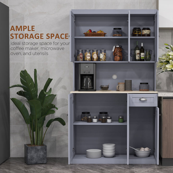 180cm Freestanding Kitchen Cabinet, Modern Storage Cupboard with Open Countertop, Drawer and 6 Doors, Grey