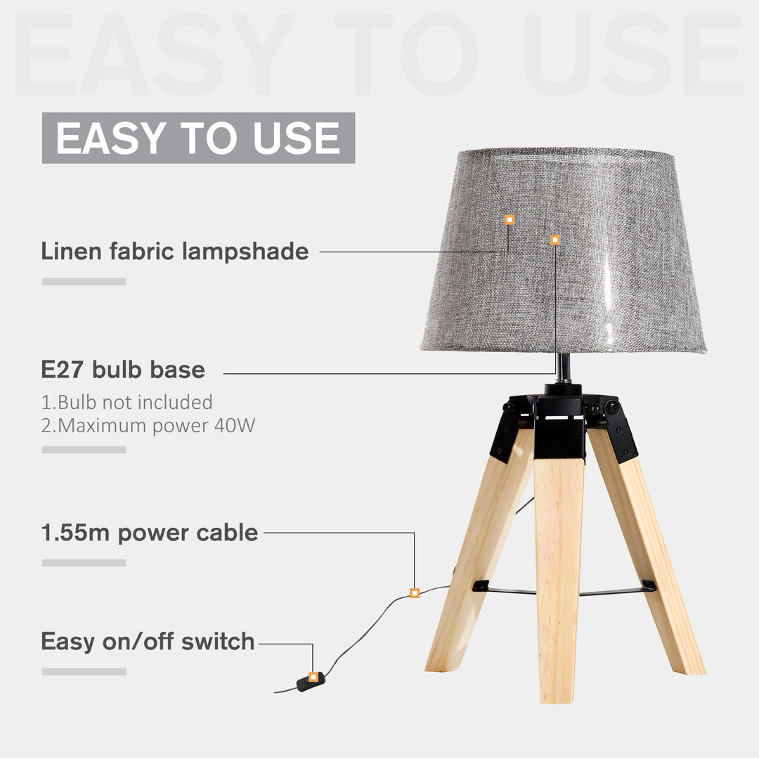 MCL Wooden Tripod Table Lamp for Side, Desk or End Table with E27 Bulb Base（Grey Shade）