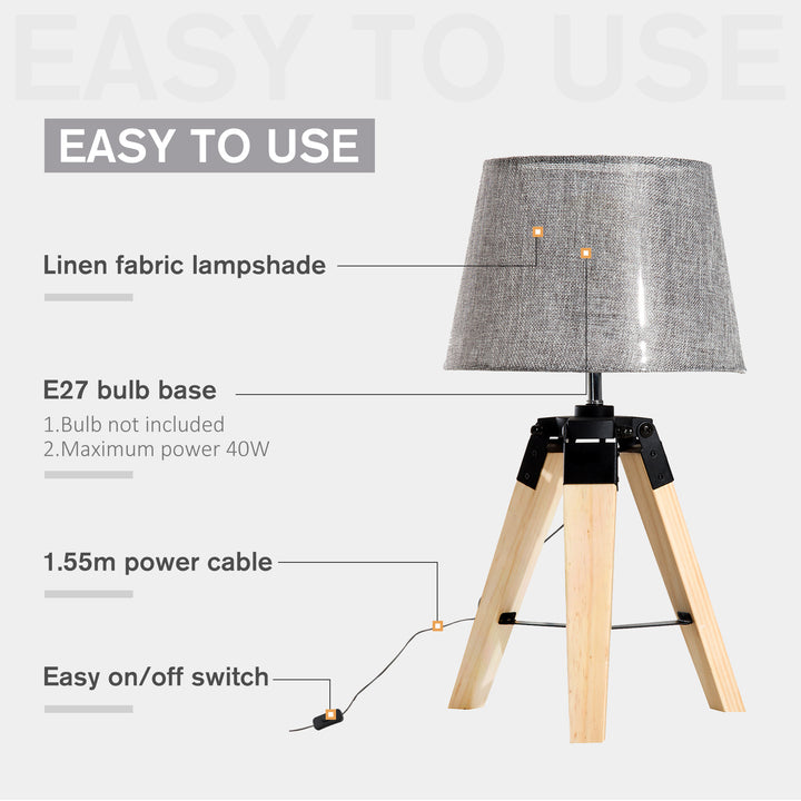 MCL Wooden Tripod Table Lamp for Side, Desk or End Table with E27 Bulb Base（Grey Shade）