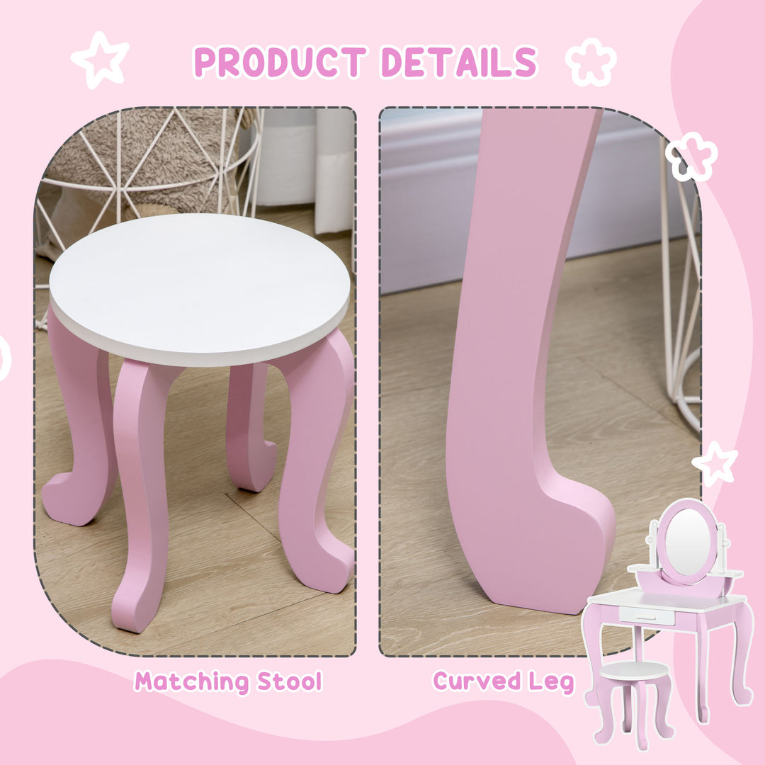 ZONEKIZ Kids Dressing Table Set Kids Vanity Set Girl Makeup Desk with Mirror Stool Drawer Round Legs for 3