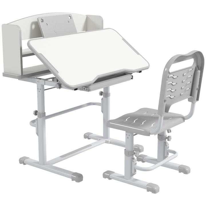 ZONEKIZ Height Adjustable Kids Study Table and Chair Set, with Drawer, Storage Shelf, 80 x 54.5 x 104 cm, Grey | Aosom UK