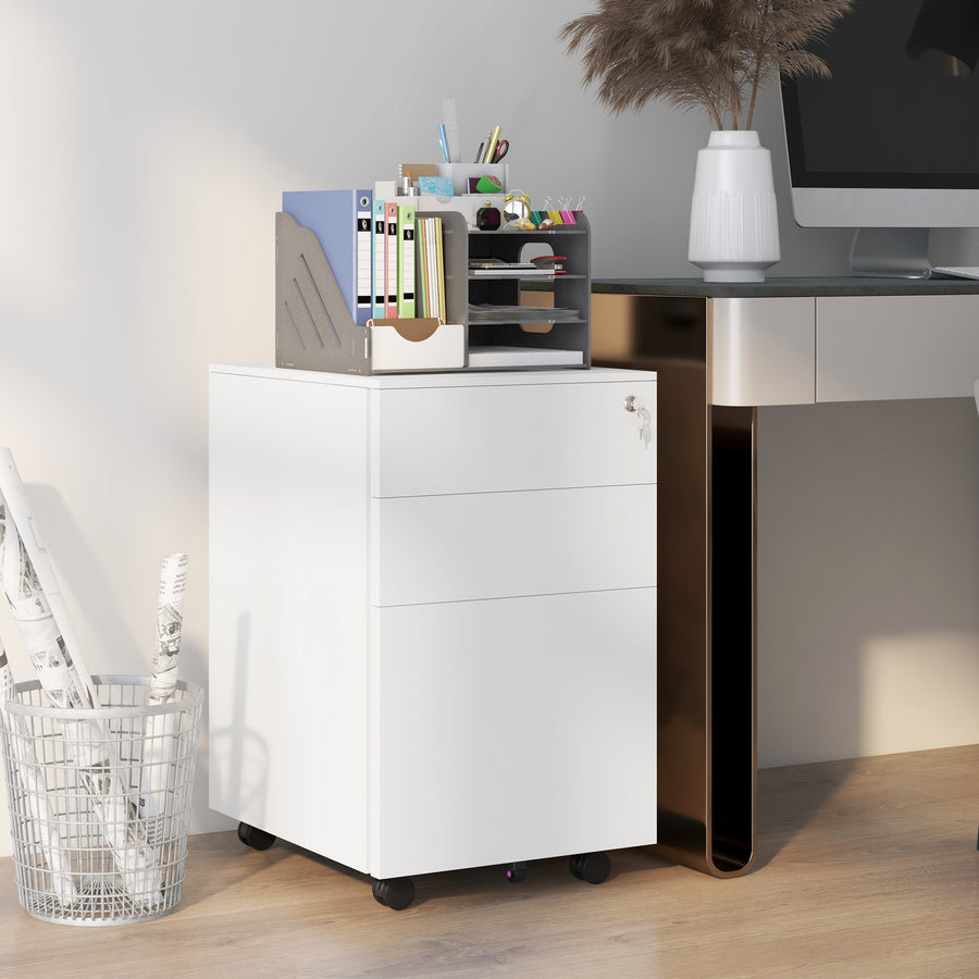 3-Drawer Vertical Filing Cabinet with Pencil Tray, Lock and 5 Wheels, Steel Mobile File Cabinet, for A4, Legal and Letter Size, Pre-Assembled Body, White
