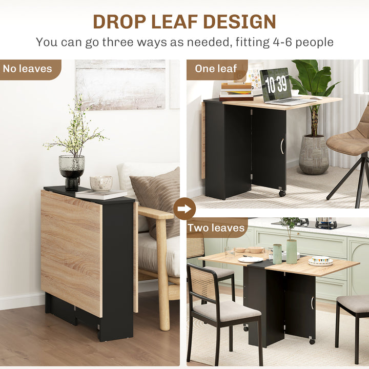 Folding Dining Table, Drop Leaf Table with 2-Tier Shelves, Rolling Casters, for Small Spaces, Kitchen, Oak and Black