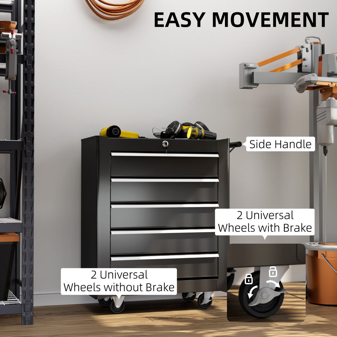 5-Drawer Tool Chest with Wheels, Steel Lockable Tool Storage Cabinet with Handle, 2 Keys for Garage, Workshop, Black