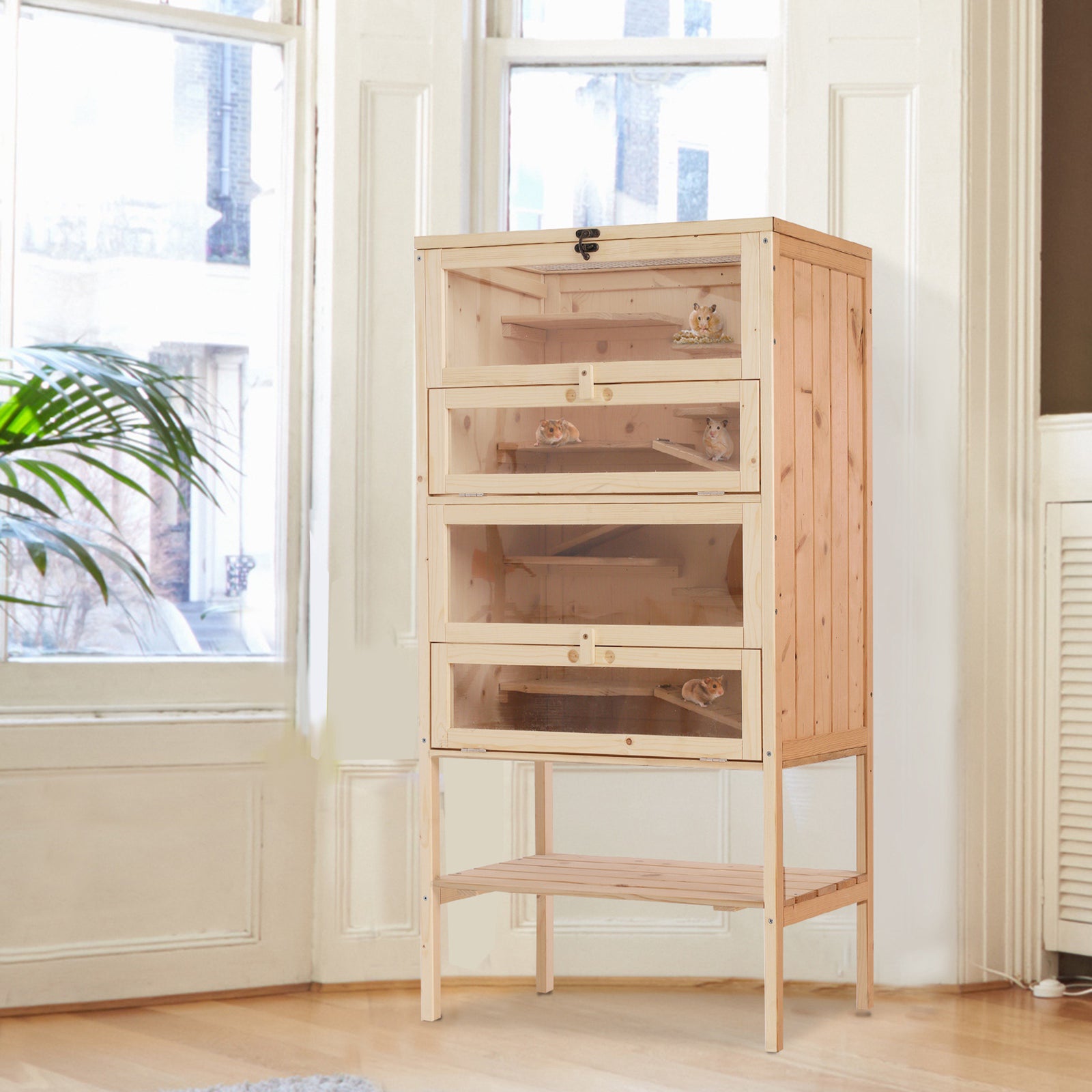 Wooden Large Hamster Cage, Gerbil Cage 4 Layers with Tall Bottom & Storage Shelf