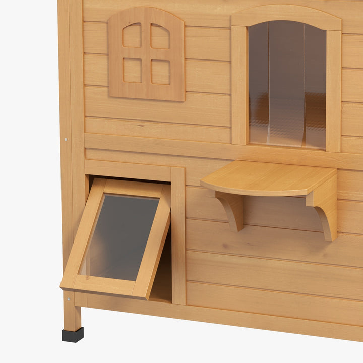2-story Cat House Outdoor, Weatherproof Wooden Cat Enclosure for Feral Cats with Escape Door, Openable Roof, Jumping Platforms, Natural Wood Finish