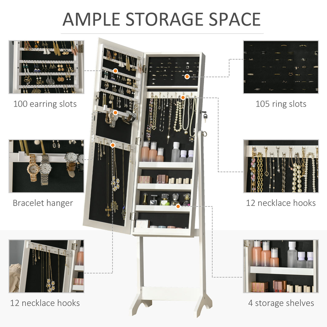 Full Length Mirror with Storage, Jewellery Cabinet with Mirror, Adjustable Angle and Stand, Lockable Jewellery Organiser for Bedroom Dressing Room, White