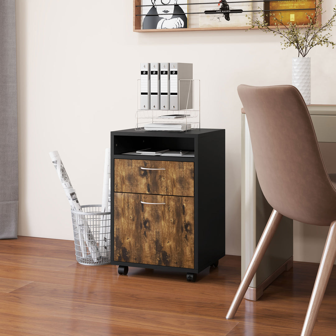 60cm Filing Cabinet with Drawer, Open Shelf, Metal Handles and 4 Wheels, Office Home Organiser Mobile Printer, Rustic Brown
