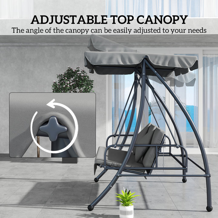 Outdoor 2-in-1 Swing Chair Lounger 3 Seater Garden Swing Seat Bed Convertible Tilt Canopy W/ Cushion, Light Grey
