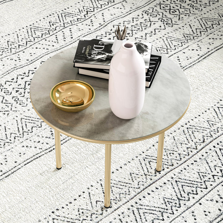 Round Coffee Table, Modern End Side Table with Faux Marble Tempered Glass Top, Steel Frame for Living Room, Bedroom, Office, Beige