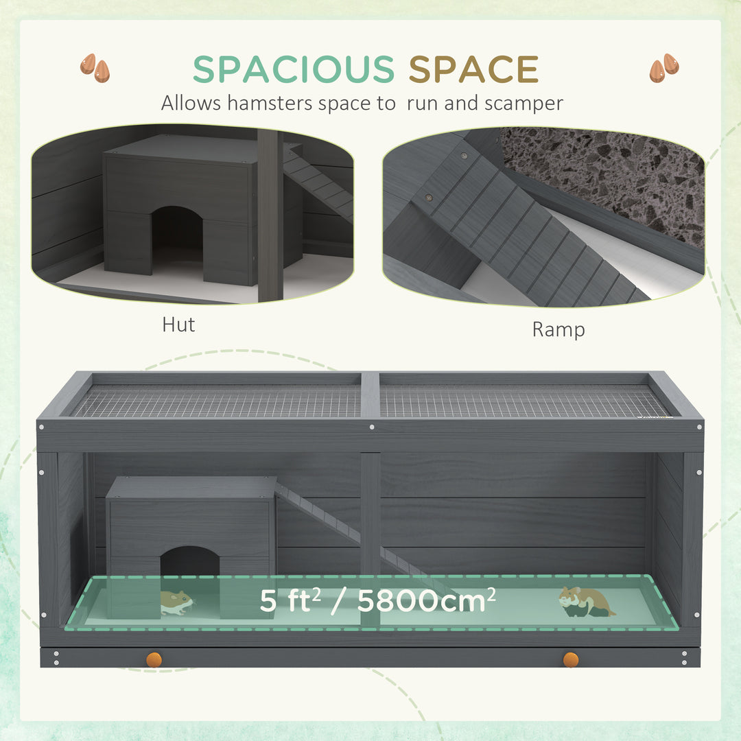 Wooden Hamster Cage with Sliding Tray, Openable Top, Hut for Syrian Hamster, Grey