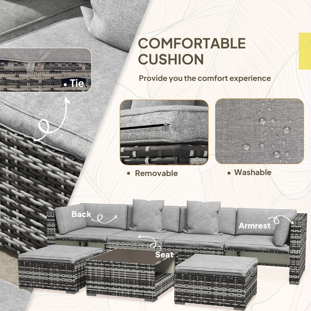 Seven-Piece Rattan Patio Furniture Set, with Cushions - Grey