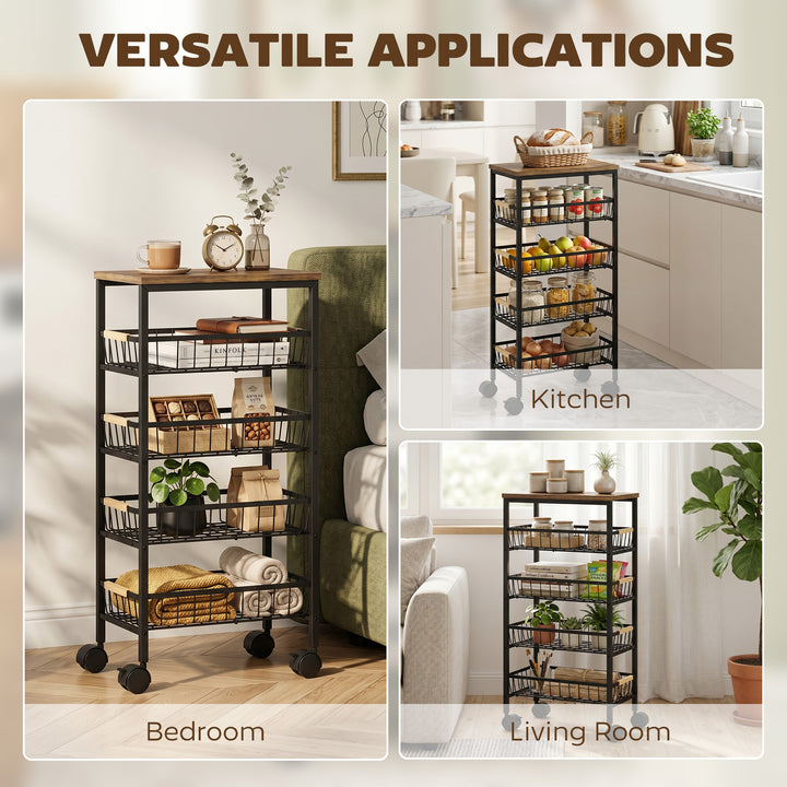 Metal Kitchen Trolley, 4-Tier Storage Trolley with Pull-Out Baskets an
