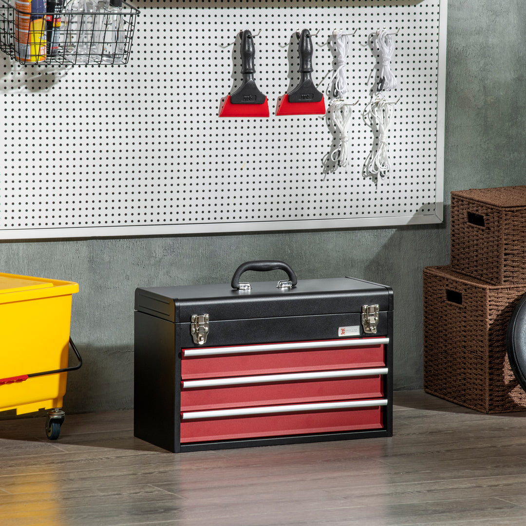3 Drawer Tool Chest, Lockable Metal Tool Box with Ball Bearing Runners, Portable Toolbox, 510mm x 220mm x 320mm, Black