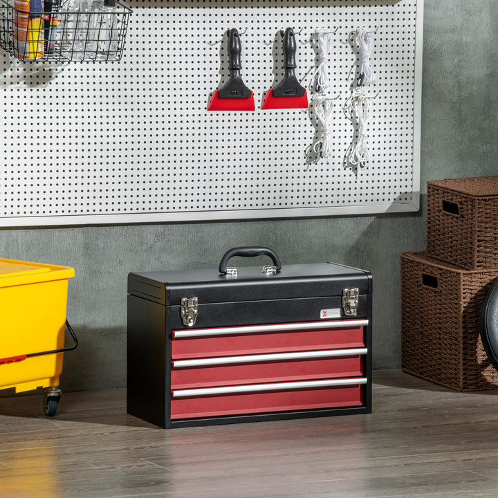 3 Drawer Tool Chest, Lockable Metal Tool Box with Ball Bearing Runners, Portable Toolbox, 510mm x 220mm x 320mm, Black