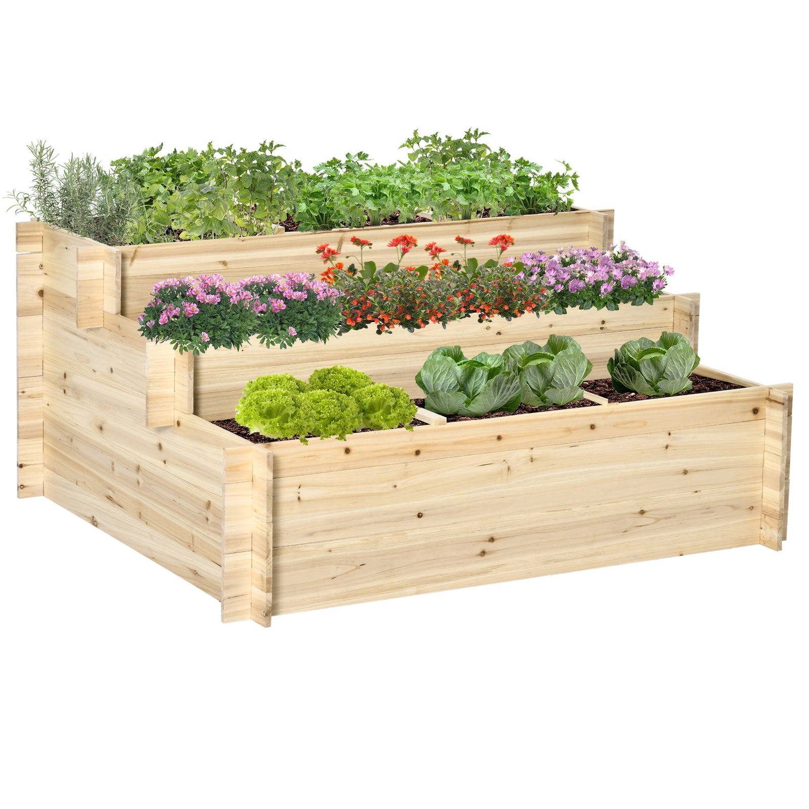 117cm x 100cm x 54cm 3 Tier Raised Garden Bed 376L Fir Wood Elevated Planter Flower Box with 9 Grow Grids and Non-woven Fabric for Vegetables, Flower, Herb Outdoor Indoor Use