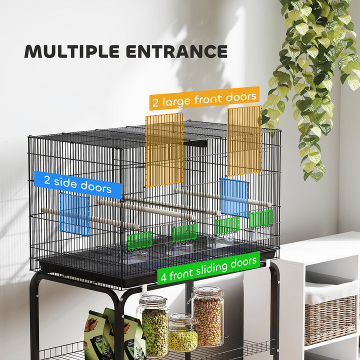 Bird Cage with Divider, 4 Wooden Perches, Slide Out Tray, 4 Feeders, for Budgie, Lovebird, Canary, 76 x 46 x 116cm Black