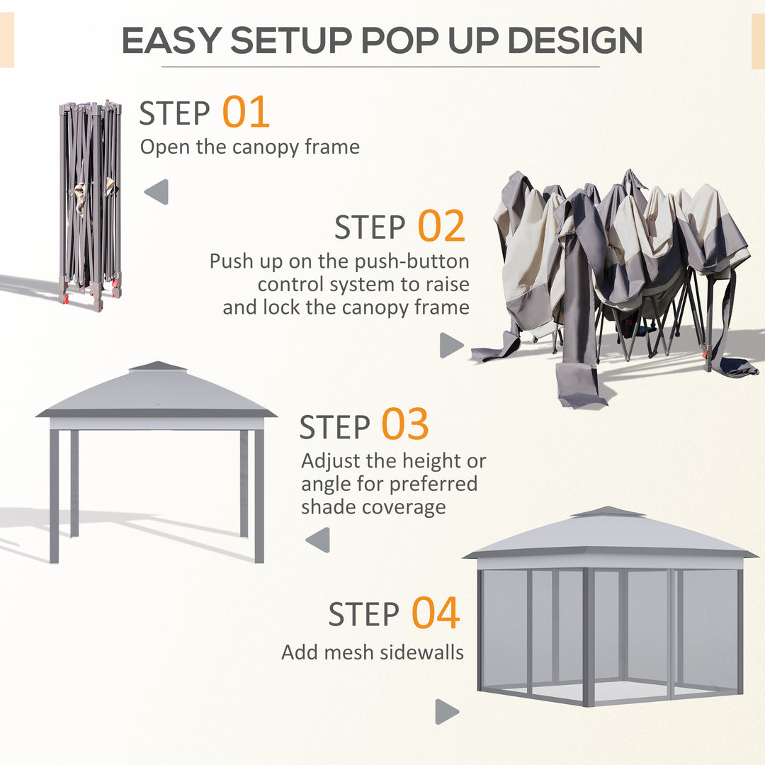 3.3 x 3.3m Pop Up Gazebo, Double Roof Foldable Canopy Tent with Zipped Mesh Sidewalls, Height Adjustable and Carrying Bag, Event Tent for Patio Garden, Grey
