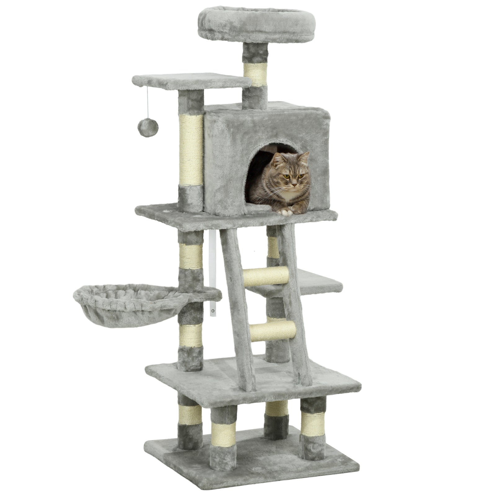 132cm Cat Tree with Scratching Post, House, Hammock, Toy Balls - Grey