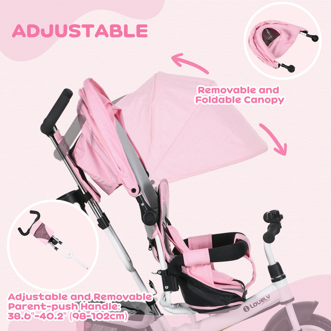 6 in 1 Kids Trike with Parent Handle, Canopy, 5-point Safety Belt, Storage, Footrest, Brake, for 1-5 Years, Pink