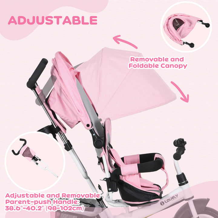 6 in 1 Kids Trike with Parent Handle, Canopy, 5-point Safety Belt, Storage, Footrest, Brake, for 1-5 Years, Pink