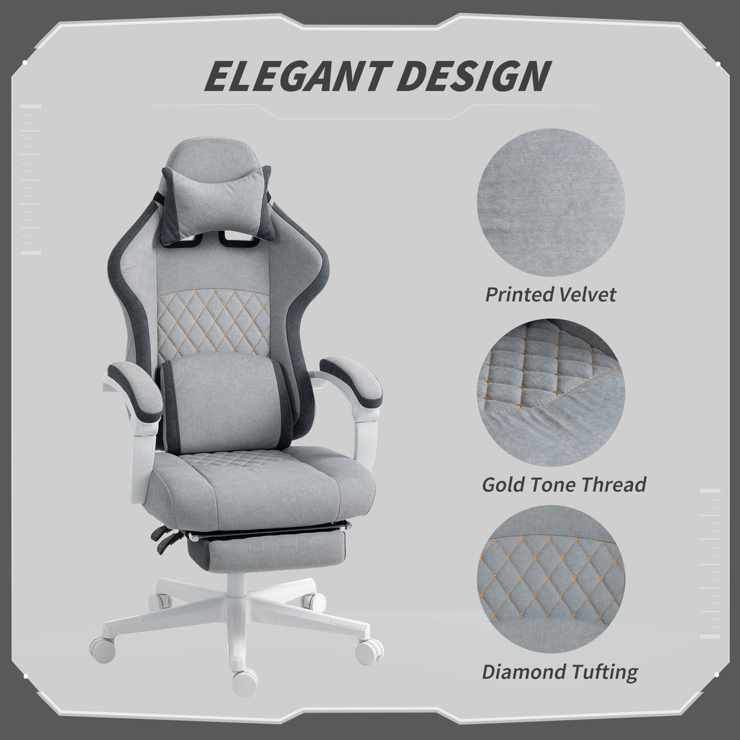 Ergonomic High Back Gaming Chair for Adults, Printed Velvet Computer Recliner Chair with Footrest, Lumbar Support, Adjustable Height and 360° Swivel Seat for Office or Gaming, Grey