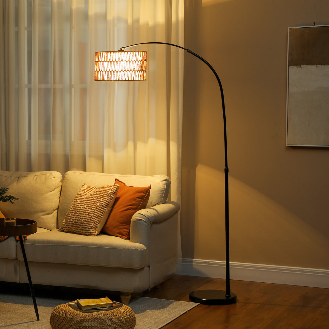 Rattan Floor Lamp for Living Room, Farmhouse Arc Standing Lamp with Dual-Layer Shade & Foot Switch, Height Adjustable Minimalist Tall Pole Lampshade for Bedroom, Office, Black