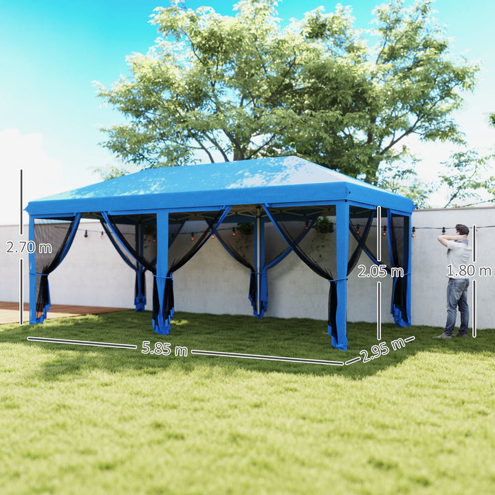3 x 6m Pop Up Gazebo, Outdoor Canopy Shelter, Marquee Party Wedding Tent with 6 Mesh Walls and Carry Bag, Blue