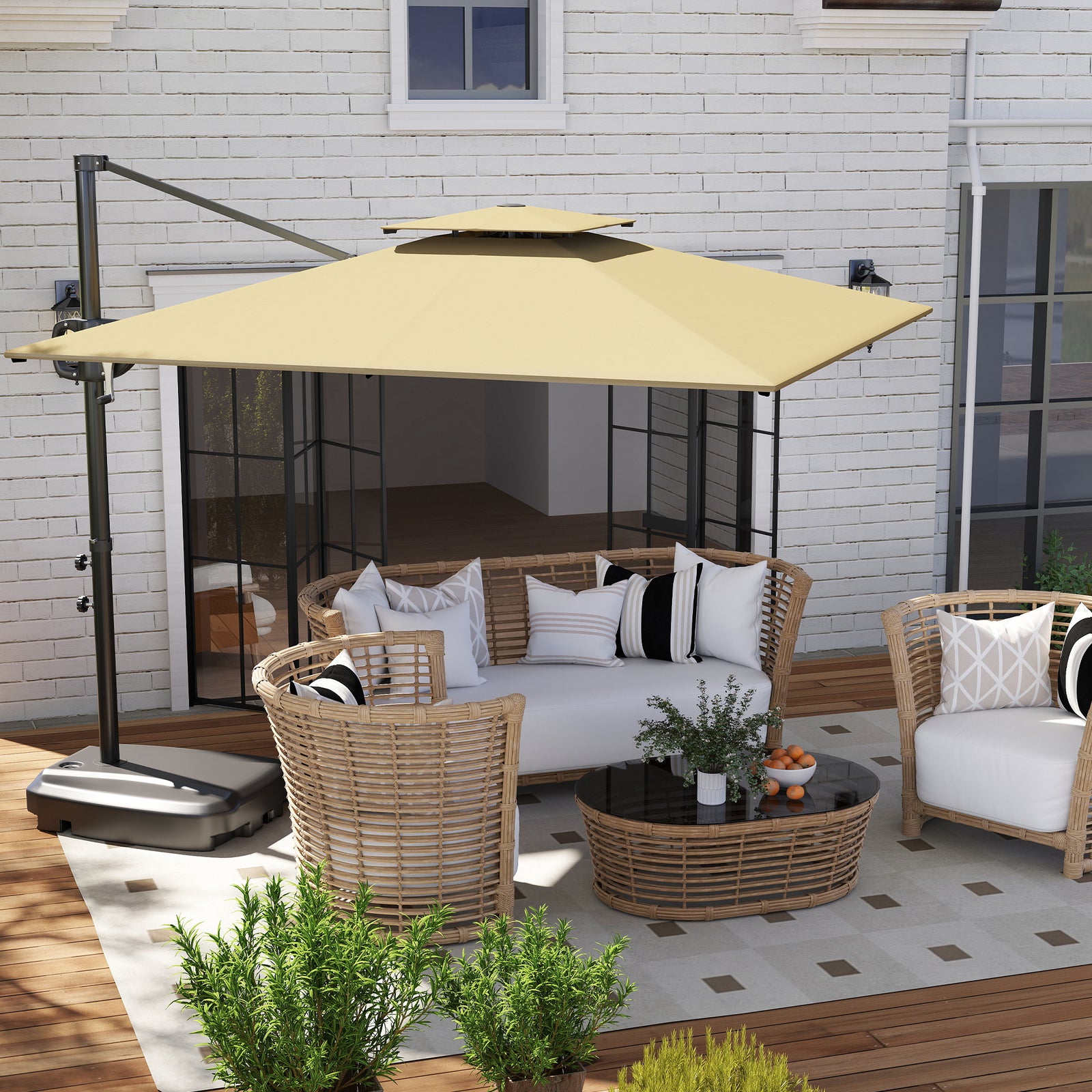 Cantilever Parasol with Weighted Base Double Top Garden Parasol Square Hanging Patio Umbrella with Crank Tilt Khaki