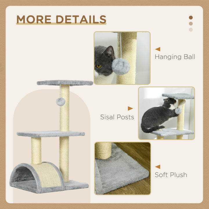 PawHut Compact Cat Tree for Indoor Use, Multi-Level with Sisal Scratching Posts, Cushioned Platform, Hanging Ball, Light Grey | Aosom UK