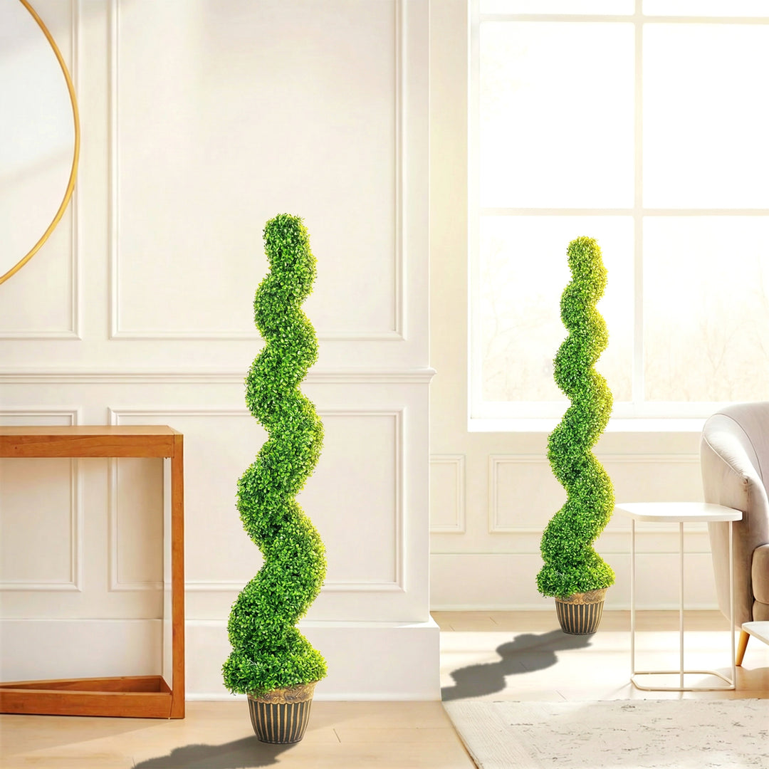 Set of 2 Artificial Plants, Topiary Spiral Boxwood Trees with Pot, for