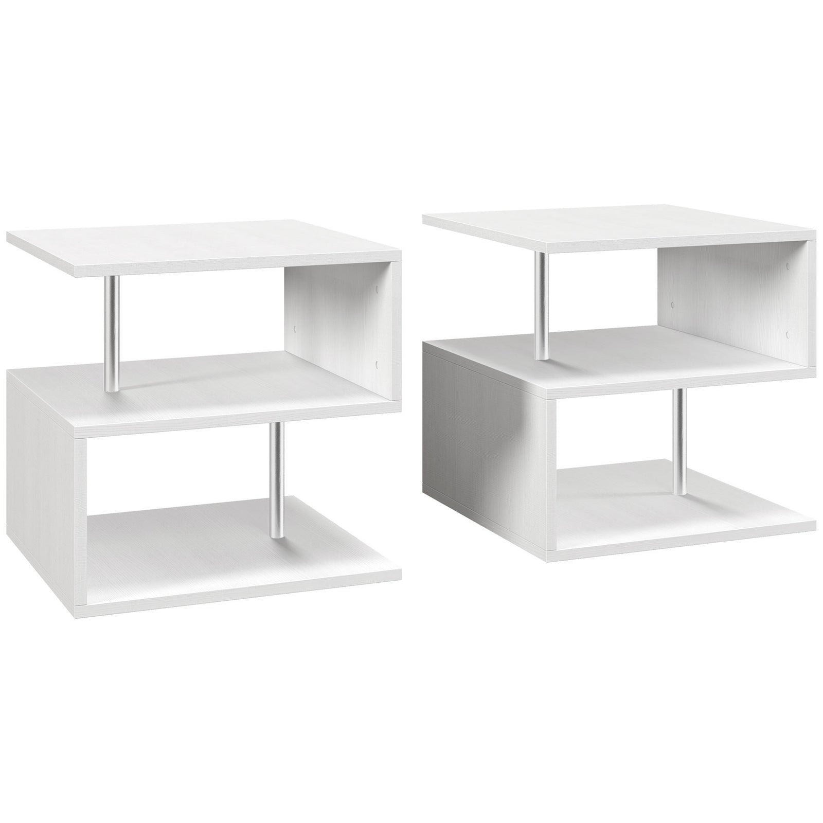 Wooden S Shape Cube Coffee Table 2 Tier Storage Shelves Organiser Office Bookcase Living Room End Desk Stand Display Set of 2 (White)