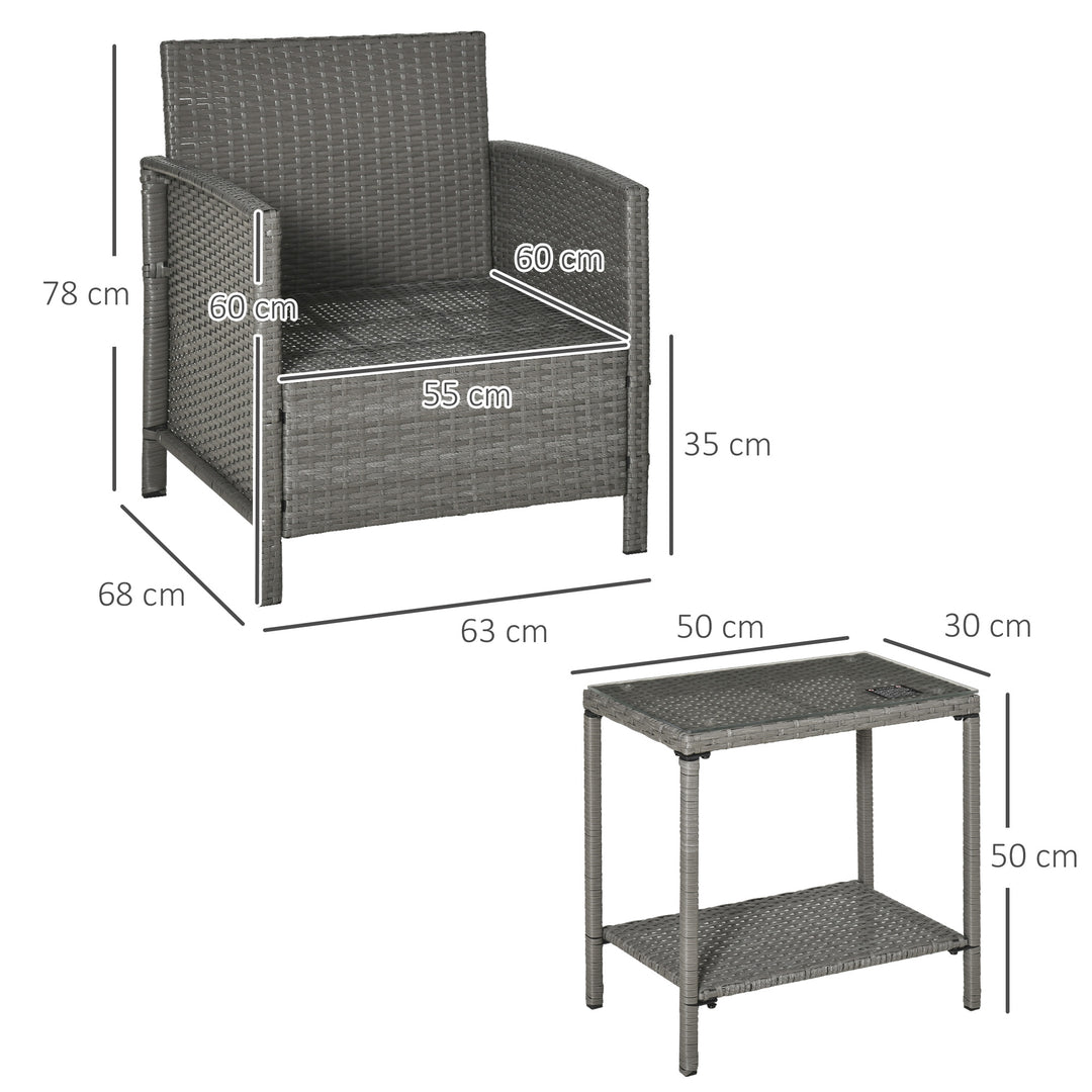 3 Pieces Rattan Bistro Set, Wicker Garden Furniture Set, Glass Top 2-tier Coffee Table and Chairs Set with Pillows and Washable Cushions for Outdoor, Patio, Balcony, Light Grey