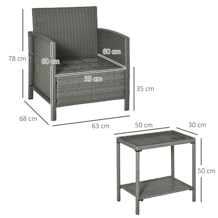 3 Pieces Rattan Bistro Set, Wicker Garden Furniture Set, Glass Top 2-tier Coffee Table and Chairs Set with Pillows and Washable Cushions for Outdoor, Patio, Balcony, Light Grey