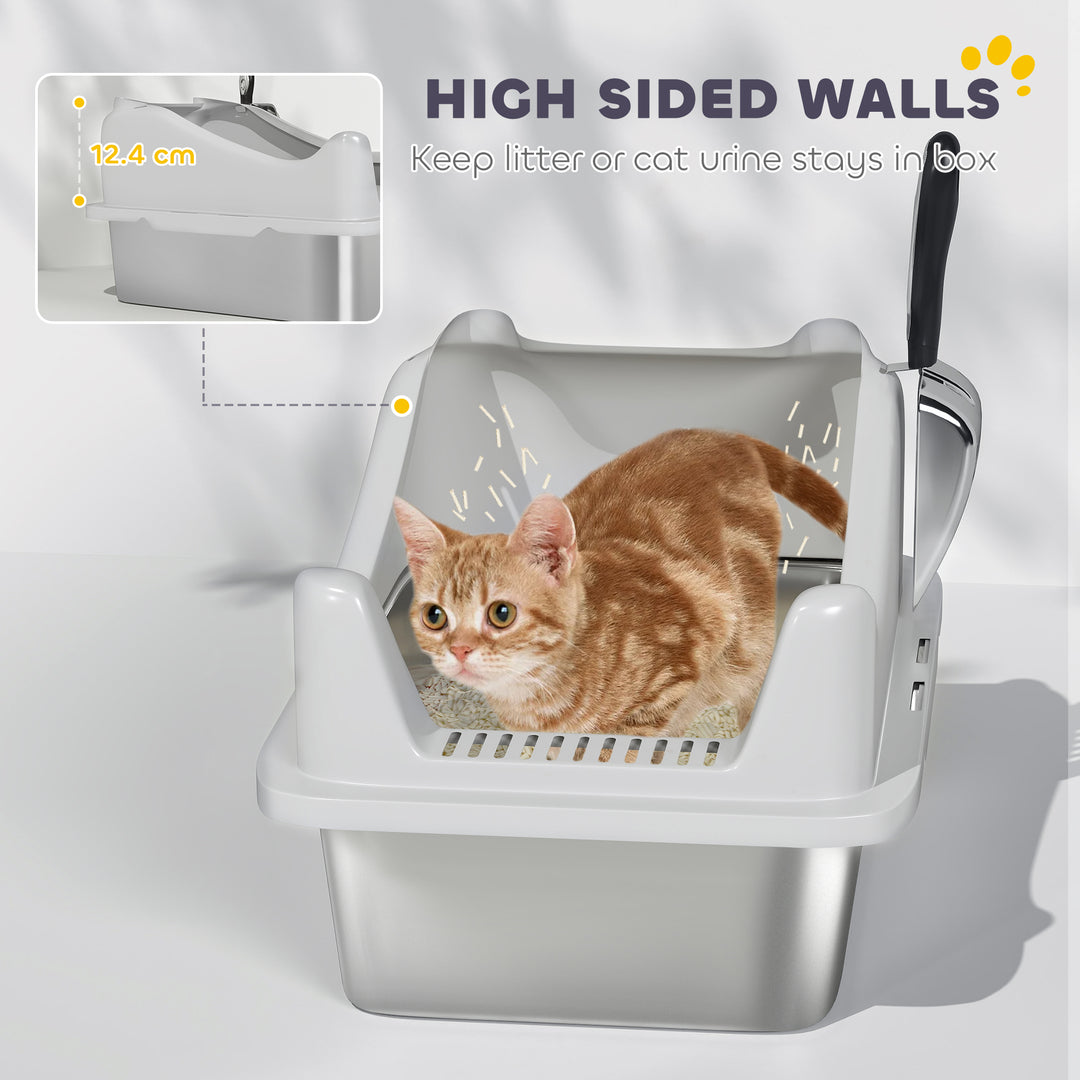 Stainless Steel Cat Litter Box with High Sides, Metal Scoop, 43 x 33 x 25 cm