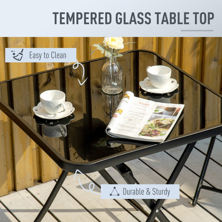 3 Pieces Garden Bistro Set, Folding Patio Table with Glass Table Top and 2 Chairs, Outdoor Furniture Set for Garden and Porch, Black