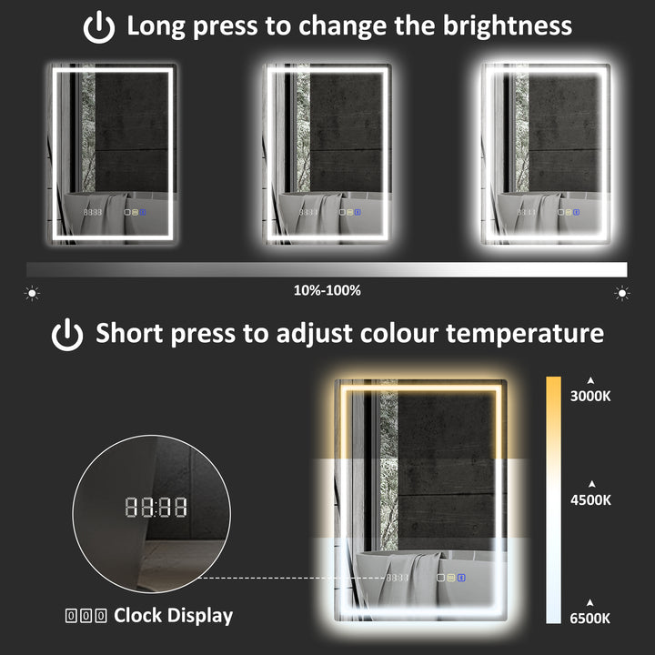 50 x 70 cm Anti-Fog LED Bathroom Mirror, with Bluetooth and Clock - Silver Tone