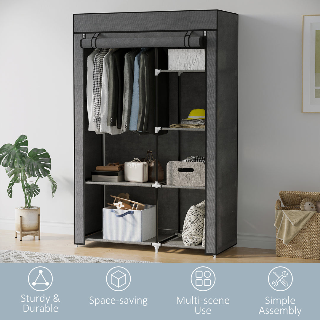 Rail and Six Shelf Fabric Wardrobe - Dark Grey