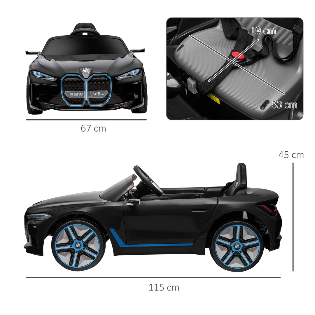 BMW i4 Licensed 12V Kids Electric Ride-On Car, with Remote Control, Portable Battery, Music, Horn, Headlights - Black