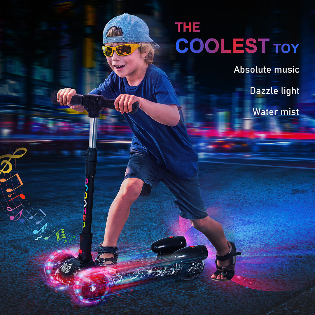 Kids 3 Wheel Plastic Scooter Adjustable Height w/ Engine-Look Water Spray Black