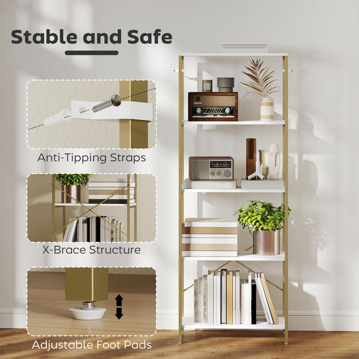 5-Tier Bookshelf, Modern Bookcase with Metal Frame - White and Gold To