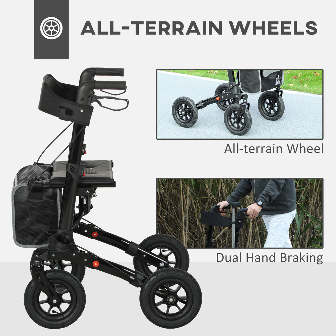 Folding Rollator Walker with Padded Seat, Backrest, Lightweight Walking Frame with Storage Bag, Dual Brakes, All-terrain Wheels, Adjustable Handle Height, 4 Wheeled Walker for Seniors, Black